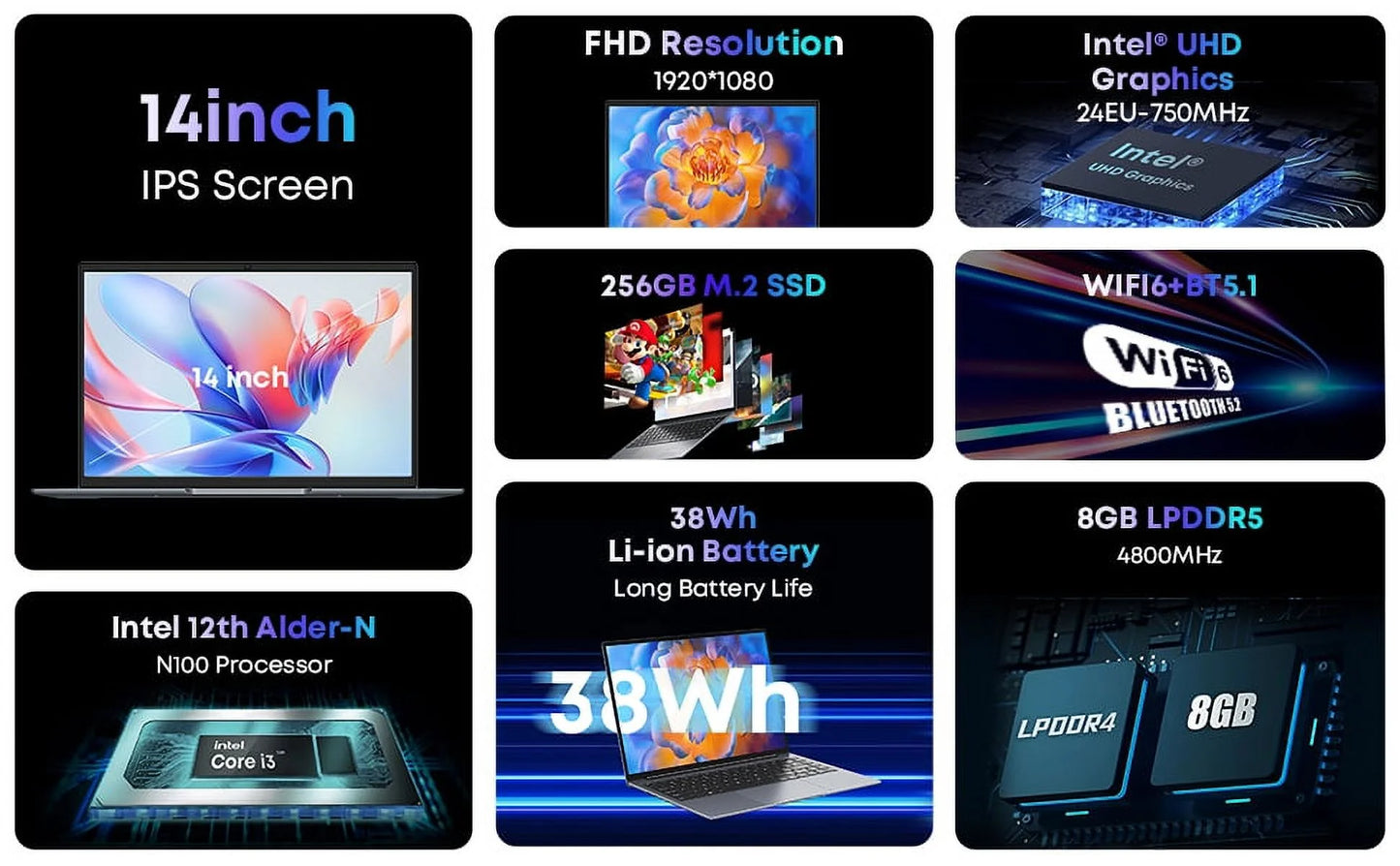 Gemibook Xpro 14" Laptop,256Gb SSD 8GB Ram,Windows 11,12Th Gen Intel Alder Lake N100,2025 Upgrade Ultra Thin Notebook Gaming Computer,2160*1440 IPS Display,Wi-Fi,Bluetooth 5.1