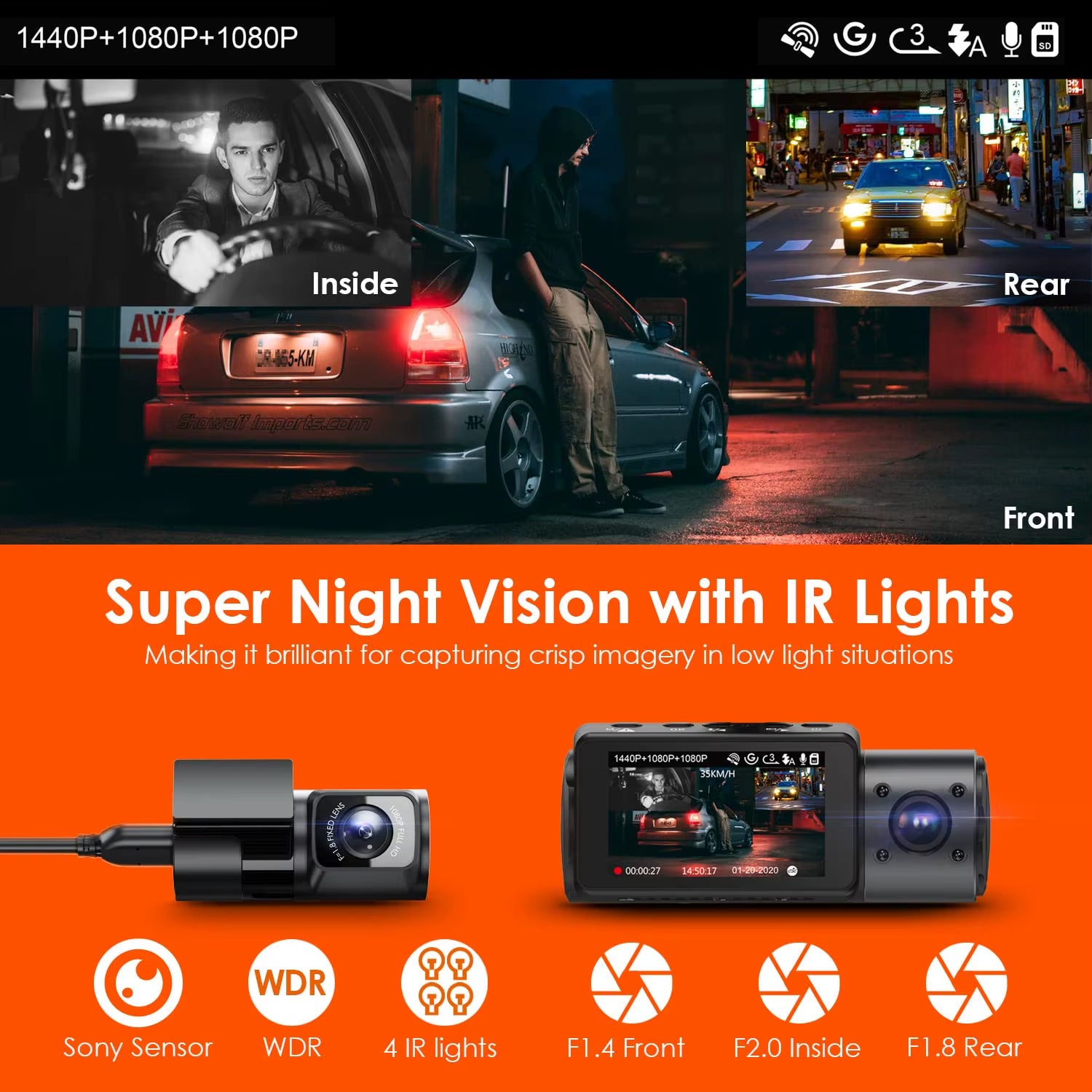 N4 3 Channel 4K Dashcam 4K+1080P Front and Rear Dash Camera IR Night Vision 24 Hours Parking Mode Support 256GB Max