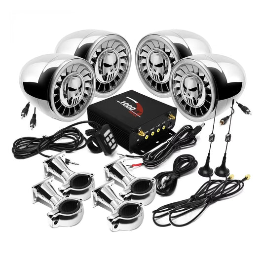 1000W 4CH Multimedia Amplifier Motorcycle Audio System Bluetooth Boat Stereo with 5 Inches Strong Speakers, FM Radio, AUX, USB