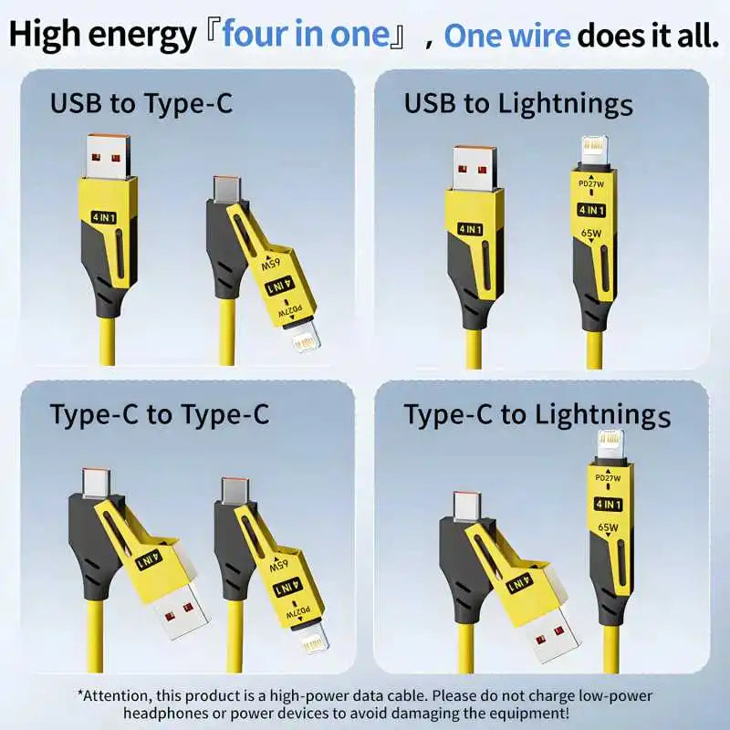 4-in-1 65W Spring Telescopic USB Type C Charger Cable - Quick Charge for iPhone 15/14/13/12 - 6A Fast Charging Solution
