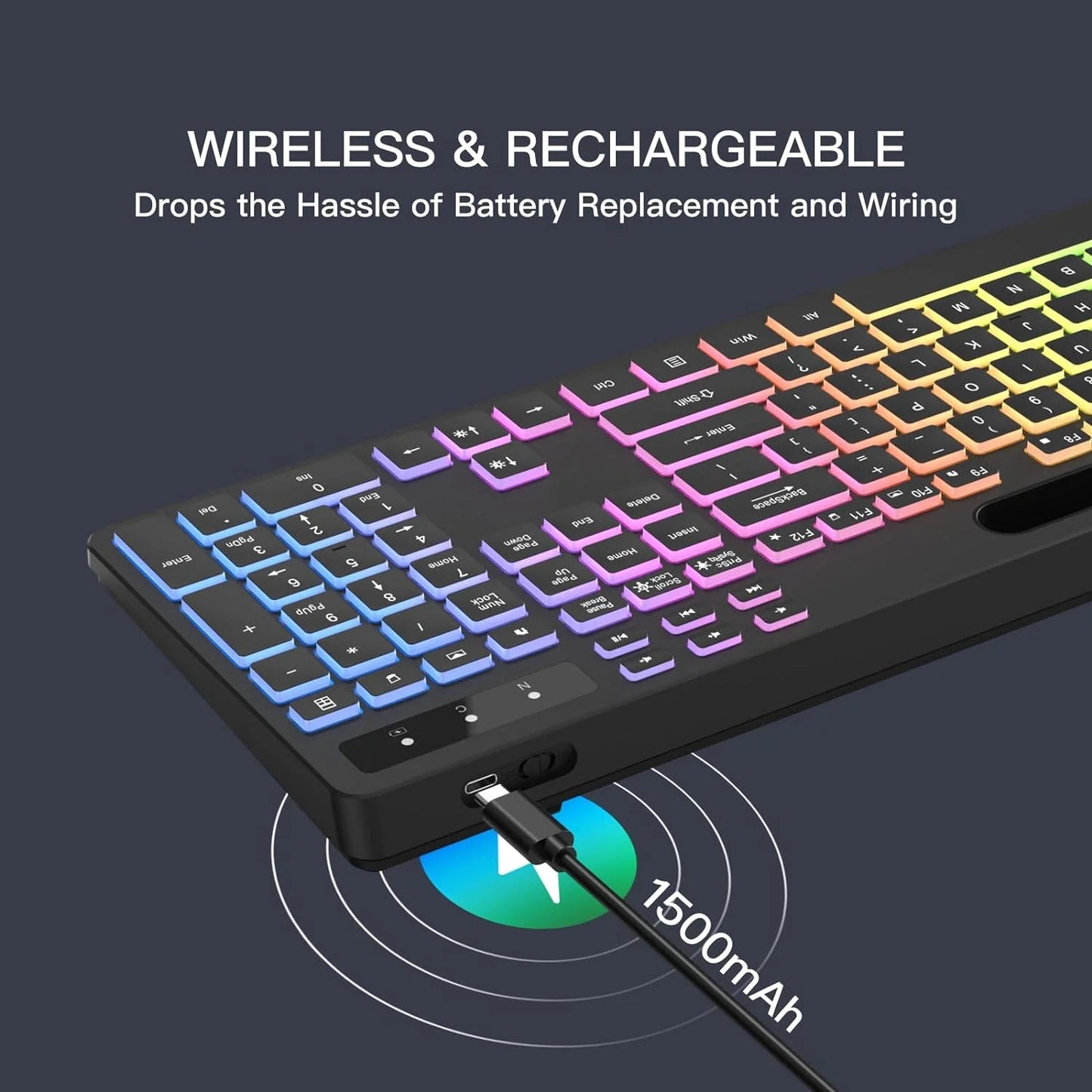 Wireless Keyboard with 7-Color RGB Backlit, Full-Size Computer Keyboard with Phone Tablet Holder, Rechargeable 2.4G Wireless Gaming Keyboard with Light up Keys, Compatible with Mac,Window,Black