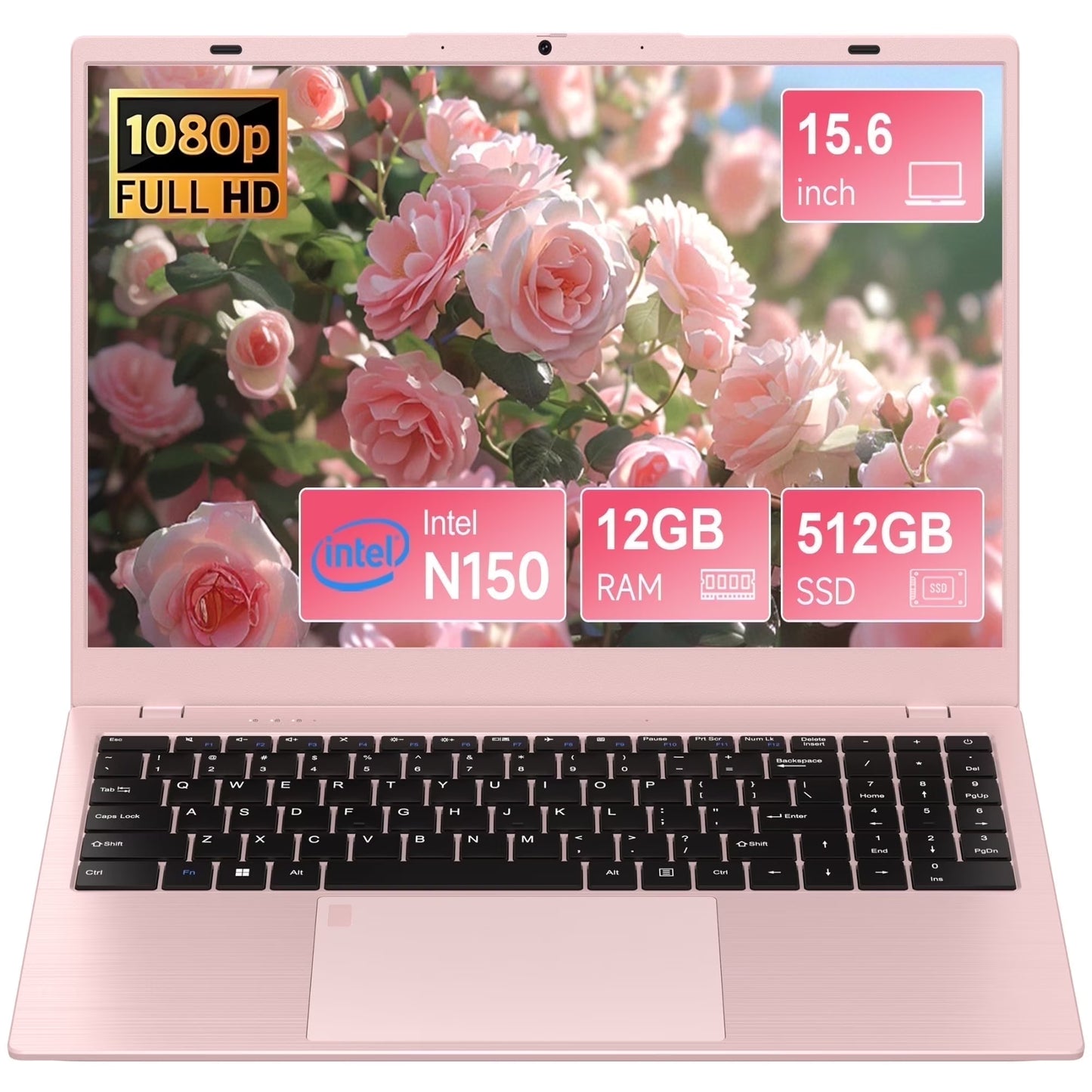 15.6" Laptop Computer, 12GB RAM 512GB SSD, FHD Display with Intel N150 (Up to 3.6Ghz), Windows 11 Pro Laptop, Fingerprint, Backlit KB, Pink