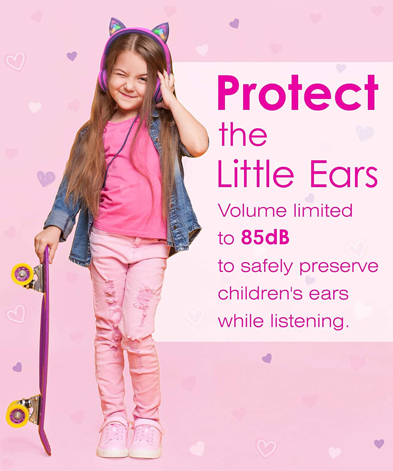 Kids Headphones with LED Cat Ears (85Db Safe Volume Limit), 3.5Mm Soft On-Ear Wired Headphones with Tangle-Free Laced Cables for Ipad/Tablet/School/Travel - Hot Pink/Purple
