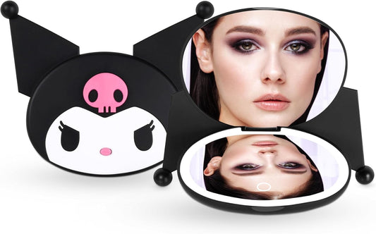 Impressions Vanity Kuromi LED Compact Mirror for Purse, Travel Lighted Makeup Mirror with 3X Magnification, Adjustable Brightness, Soft Touch Sensor Button, and Kuromi Figural Shaped Design