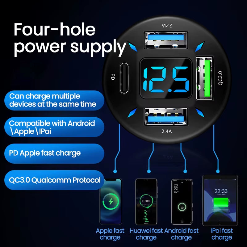 66W 4 Ports USB Car Charger Fast Charging PD Quick Charge 3.0 USB C Car Phone Charger Adapter for Iphone 13 12 Xiaomi Samsung