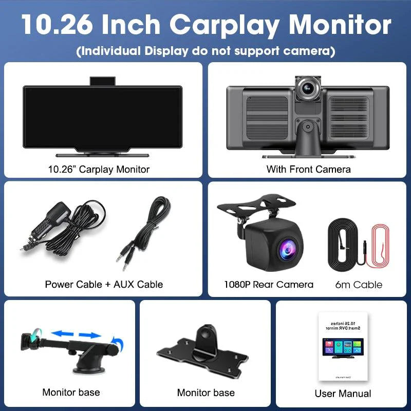 4K Dash Cam Mirror - 10.26" Display with Wireless Carplay/Android Auto GPS