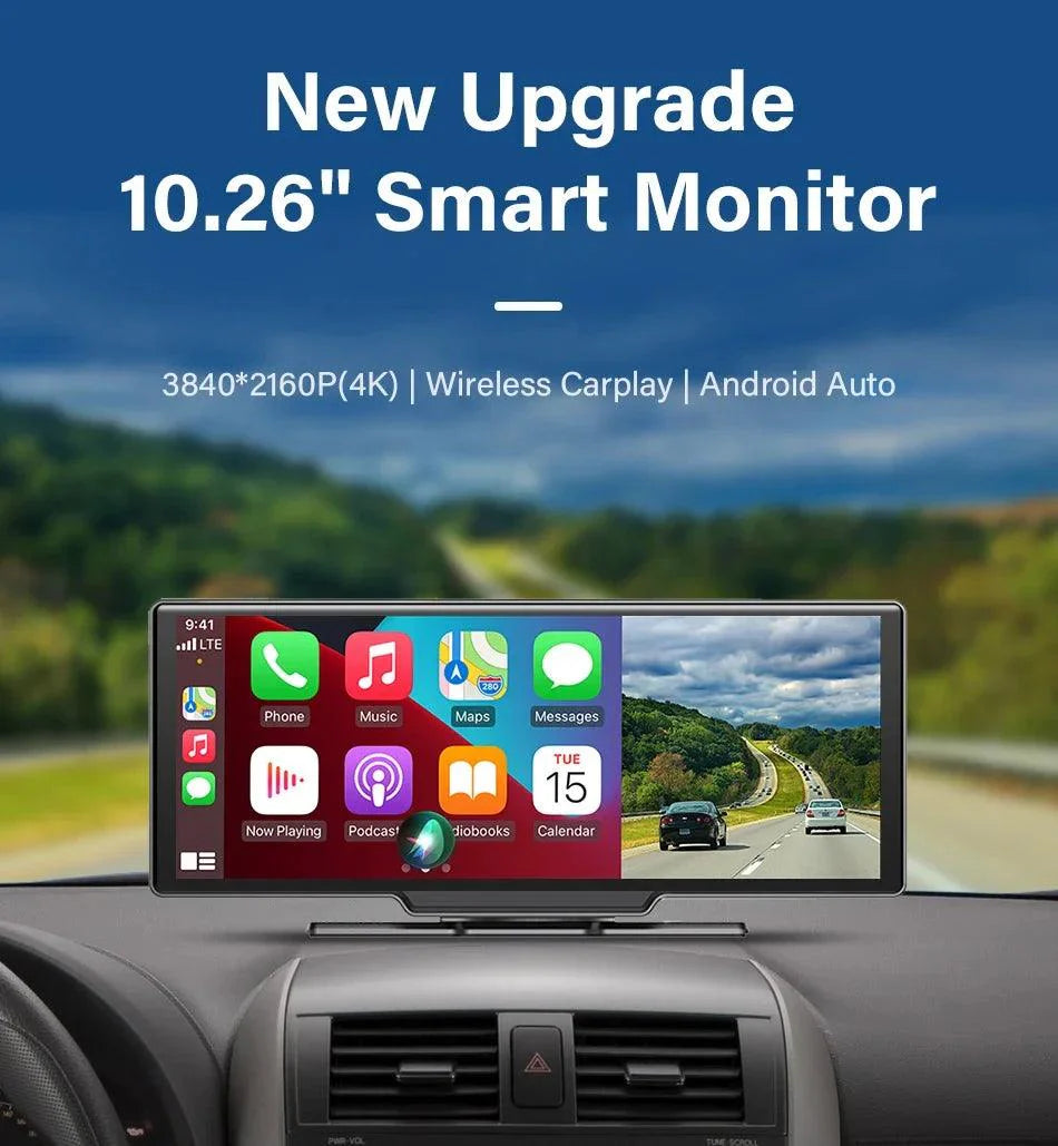 4K Dash Cam Mirror - 10.26" Display with Wireless Carplay/Android Auto GPS