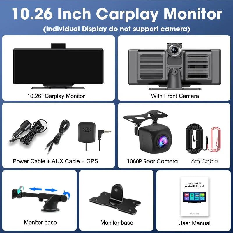 4K Dash Cam Mirror - 10.26" Display with Wireless Carplay/Android Auto GPS