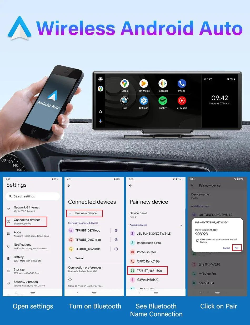 4K Dash Cam Mirror - 10.26" Display with Wireless Carplay/Android Auto GPS