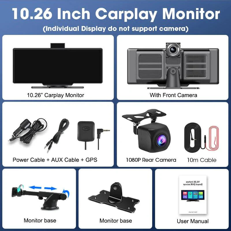 4K Dash Cam Mirror - 10.26" Display with Wireless Carplay/Android Auto GPS