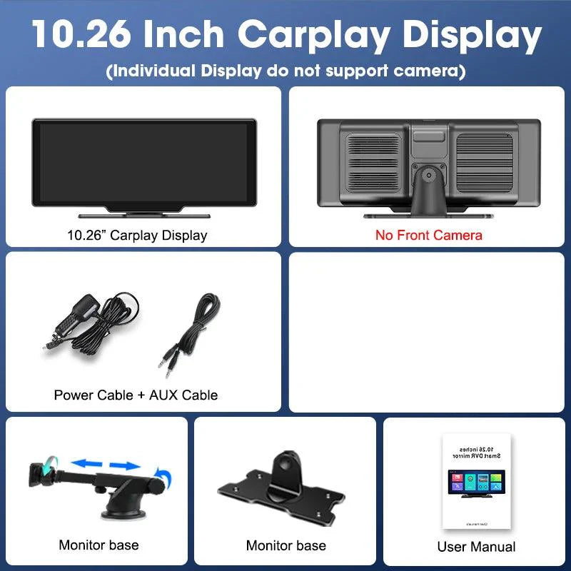 4K Dash Cam Mirror - 10.26" Display with Wireless Carplay/Android Auto GPS