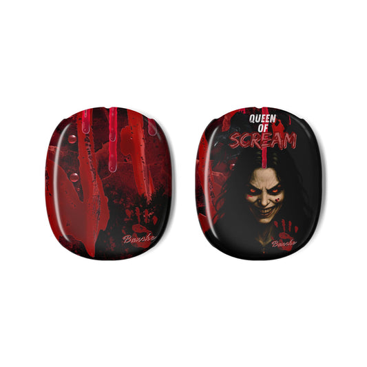 A pair of oval-shaped headphone shells featuring a horror-themed design. One sticker displays a red dripping blood splatter pattern, while the other features a black background with a creepy clown face and the text 'QUEEN OF SCREAM' in red, with 'Berserk' written at the bottom.