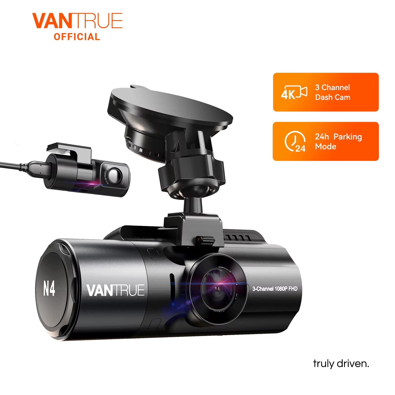 N4 3 Channel 4K Dashcam 4K+1080P Front and Rear Dash Camera IR Night Vision 24 Hours Parking Mode Support 256GB Max
