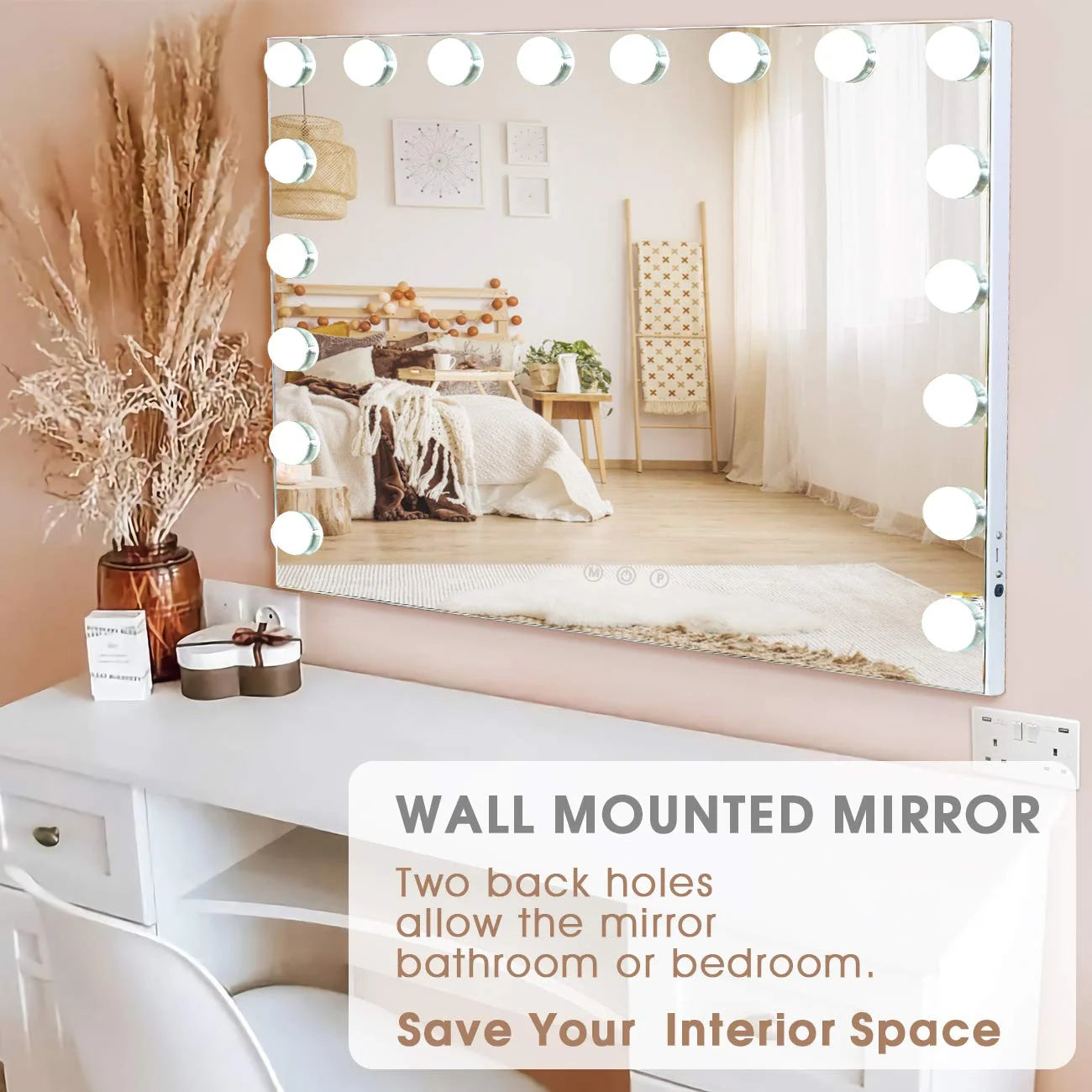 32"X23" Vanity Mirror with Lights USB Charging Tabletop Wall Mount Metal White