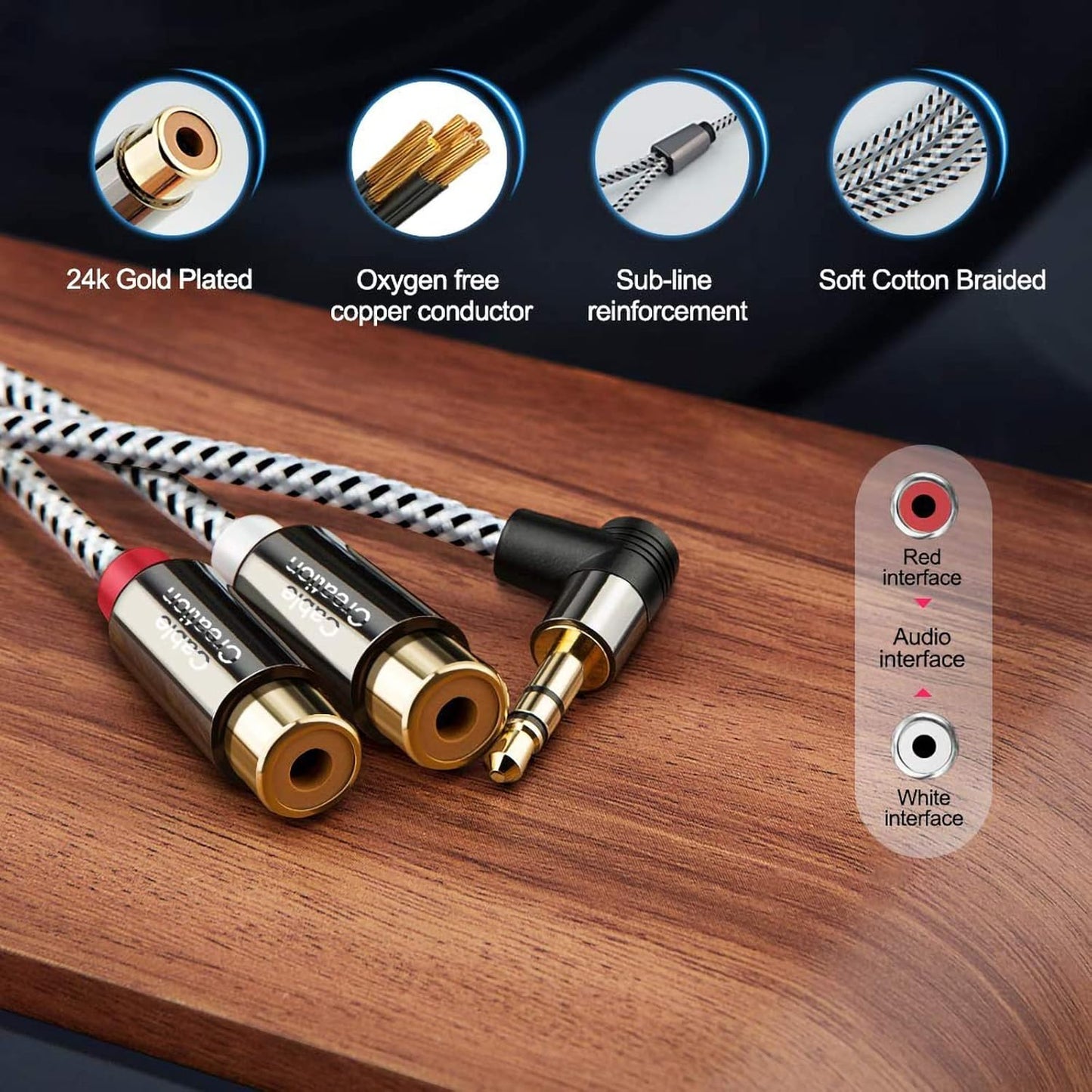 3.5Mm to 2RCA Female Cable, Angle 3.5Mm Mini-Jack to RCA Stereo Audio Y Cable Gold Plated, Compatible with Iphone,Ipod,Mp3,Tablets,Hifi Stereo System, Speaker,3Ft/0.92M
