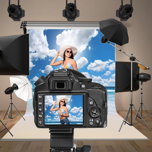 5X7Ft Seaside Beach Backdrop Blue Pure Sea Water Backdrops Blue Sky White Cloud Seaside Wedding Tropical Siesta Back Ddrop Holiday Festival Photo Shooting Props Booth Props