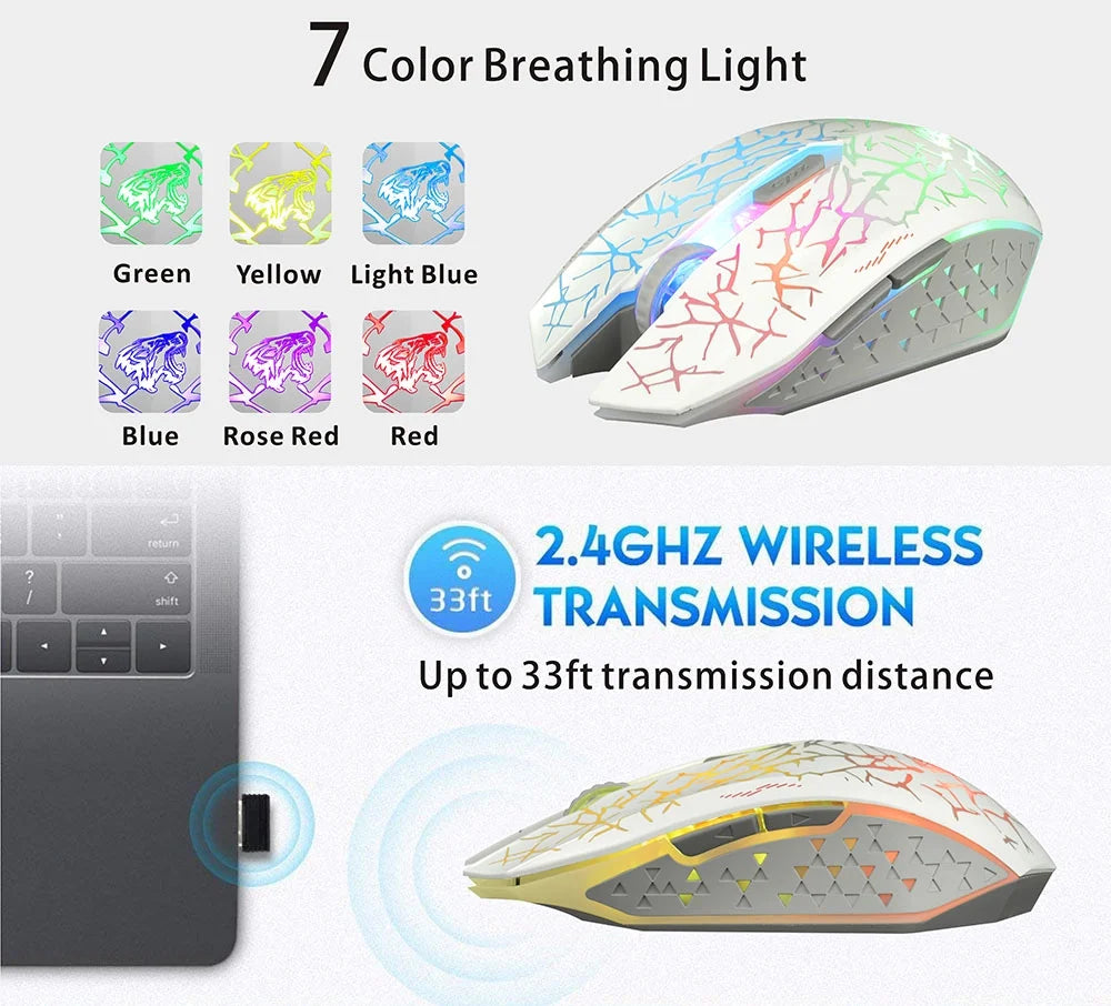 Wireless LED Gaming Mouse 2.4G Optical Rechargeable Silent Mice with USB Receiver Black