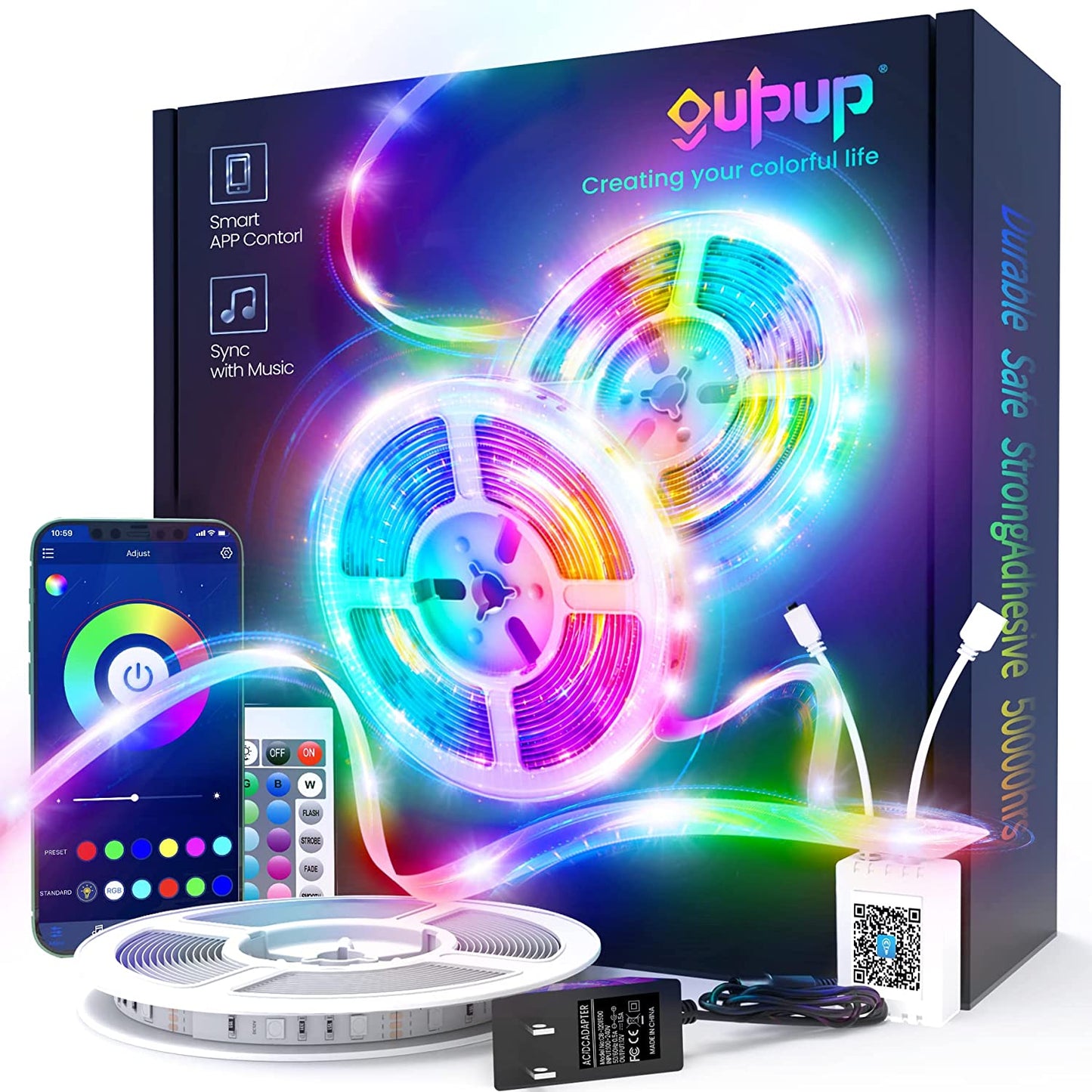 50 FT LED Strip Lights,Bluetooth LED Lighting for Bedroom, Color Changing Light Strip with Music Sync, Phone Controller and IR Remote(App+Remote +Mic)