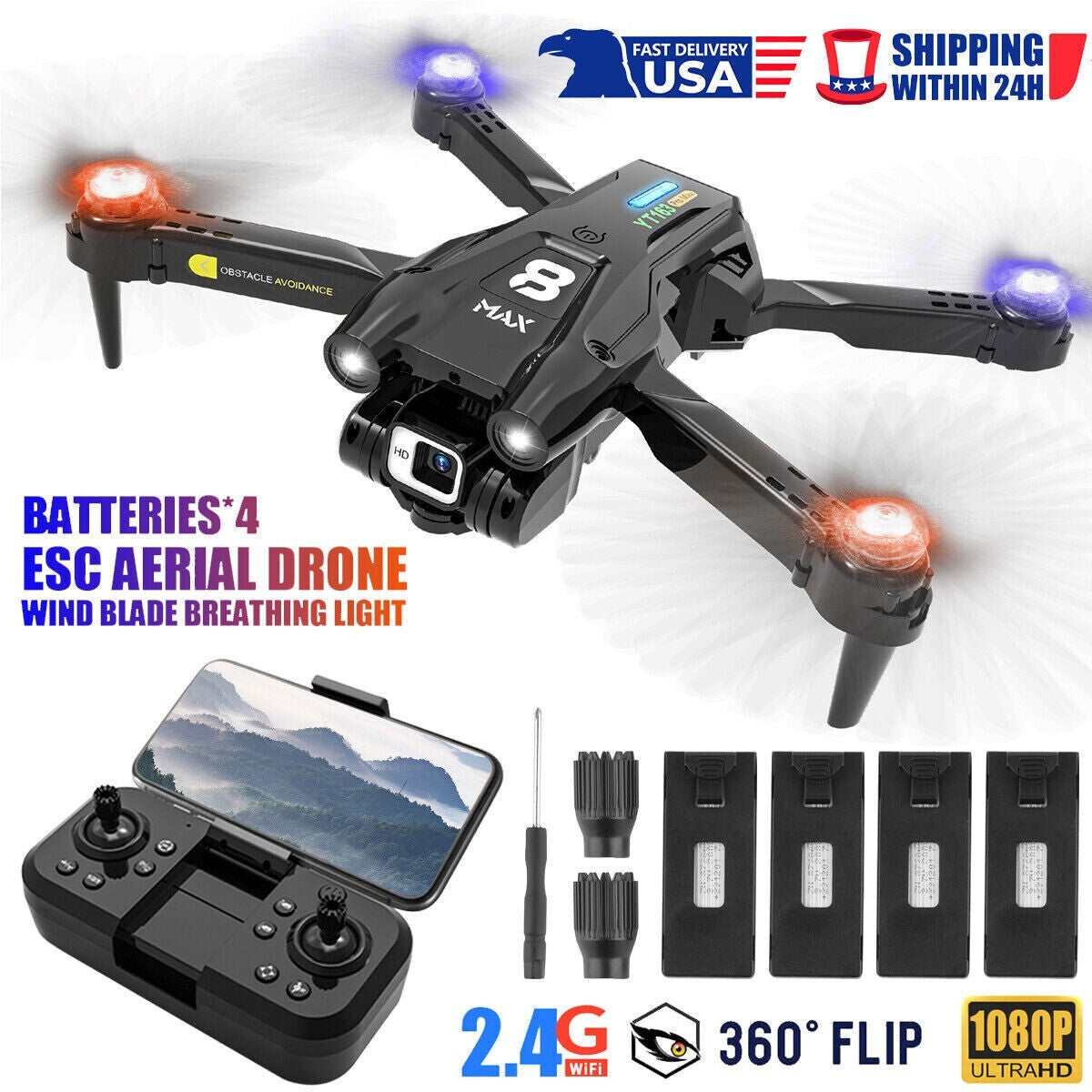 2024 New RC Drone with 4K HD Dual Camera WIFI FPV Foldable Quadcopter +3 Battery