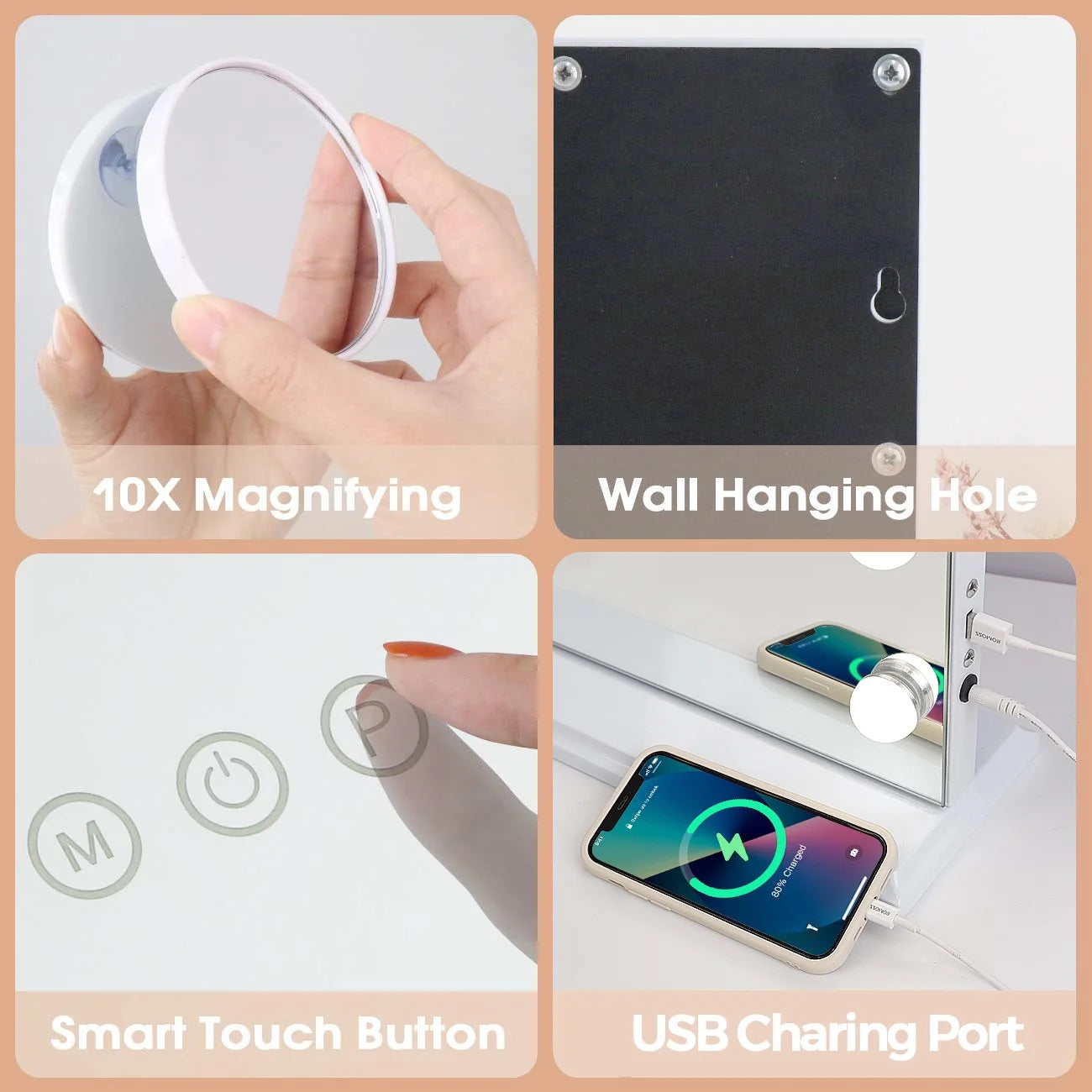 32"X23" Vanity Mirror with Lights USB Charging Tabletop Wall Mount Metal White
