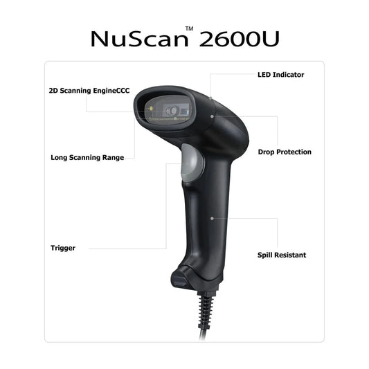 Nuscan 2600U 2D Barcode Scanner with Superior Scanning Performance - USB & Serial Port Interface - Compatible with Various Operating Systems - Supports 1D & 2D Symbologies