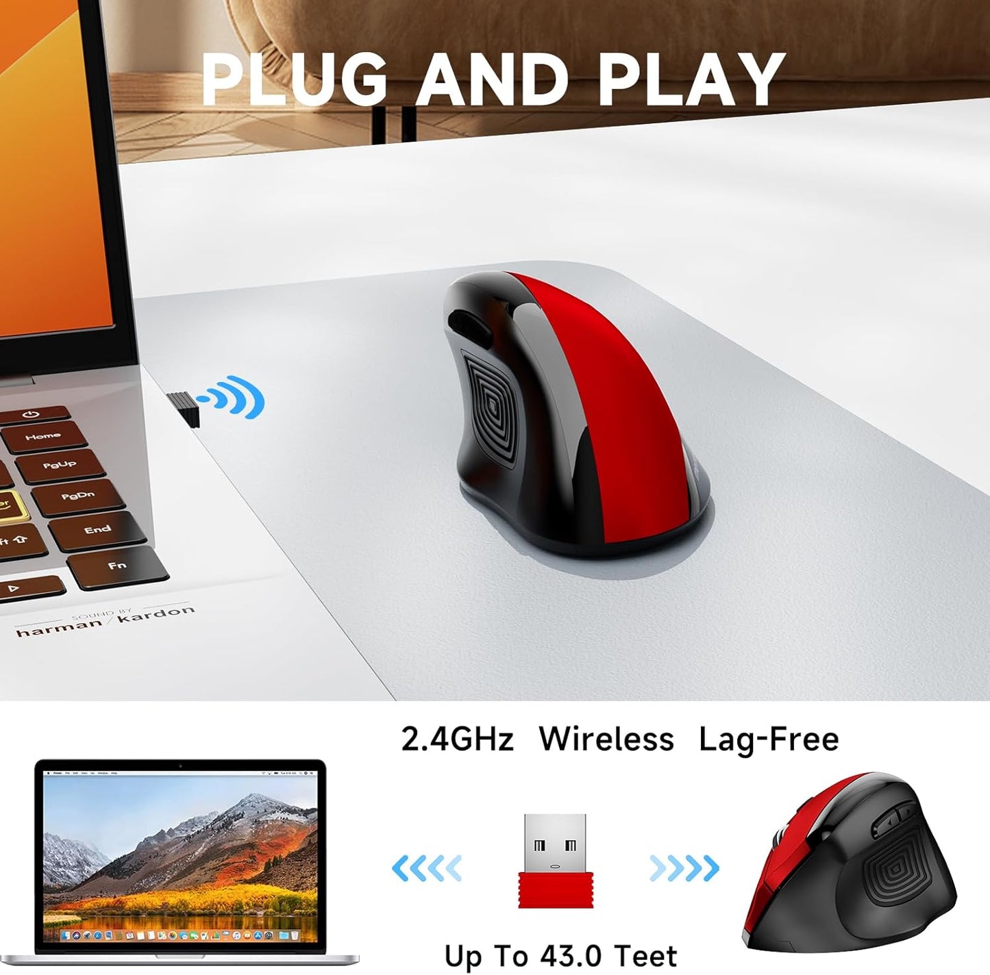 Ergonomic Wireless Mouse, 2.4G Optical Cordless, 800/1200/1600 DPI, Vertical Computer Mouse for Laptop, Mac, PC, Desktop (Right Hand, Large) - Red
