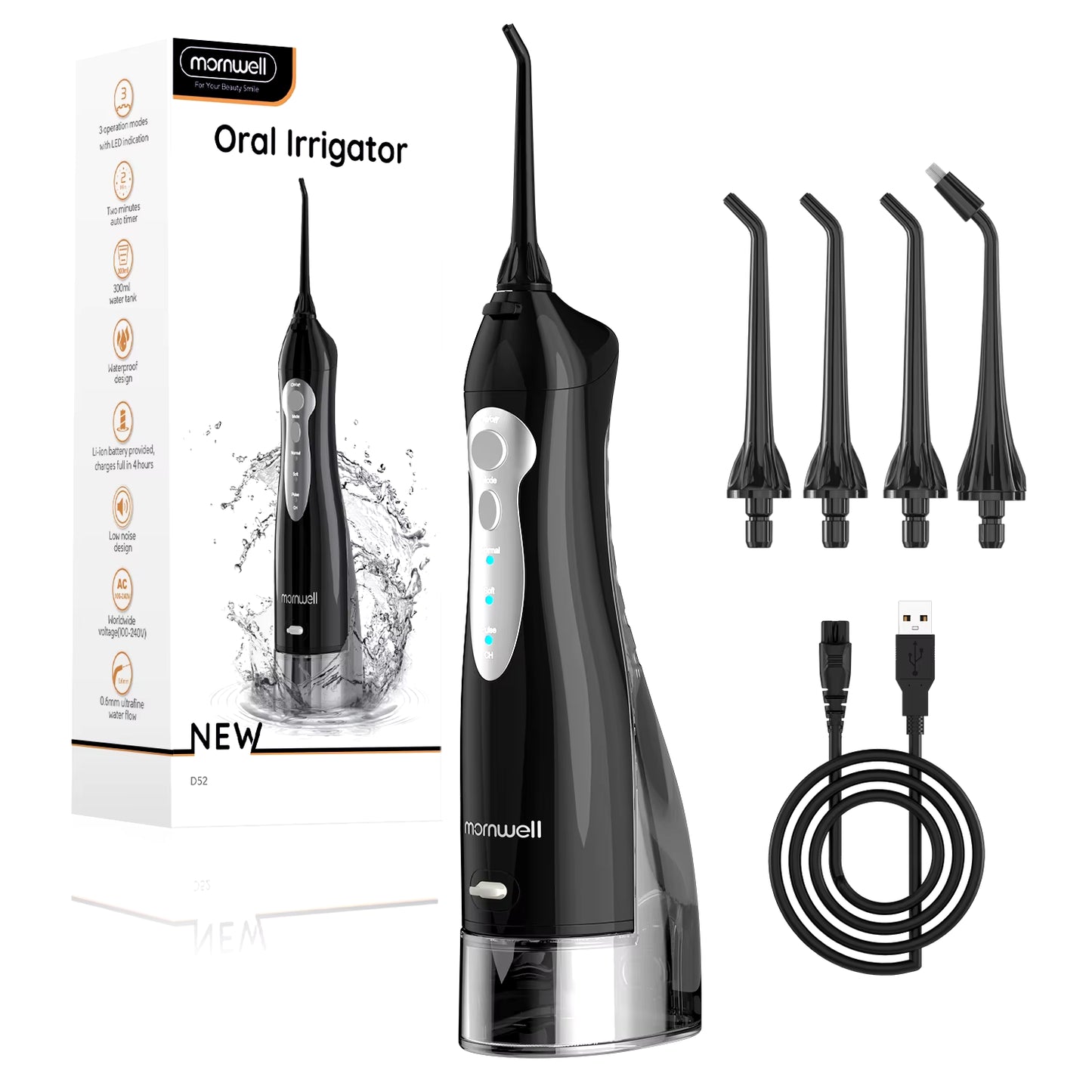 D52 Portable Water Flosser: 3 Modes, 4 Jet Tips, 300ml, USB Rechargeable