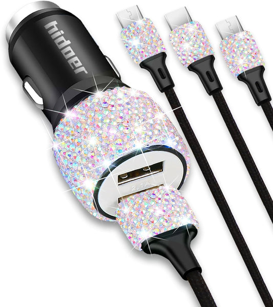 Bling USB Car Charger 5V 2.4A Multicolor Crystal Decor Dual Port Fast Adapter with 4Ft Nylon Type C Micro USB 3 in 1 Multi Charging Cable for Iphone Ipad Android, Auto Interior Accessories for Women