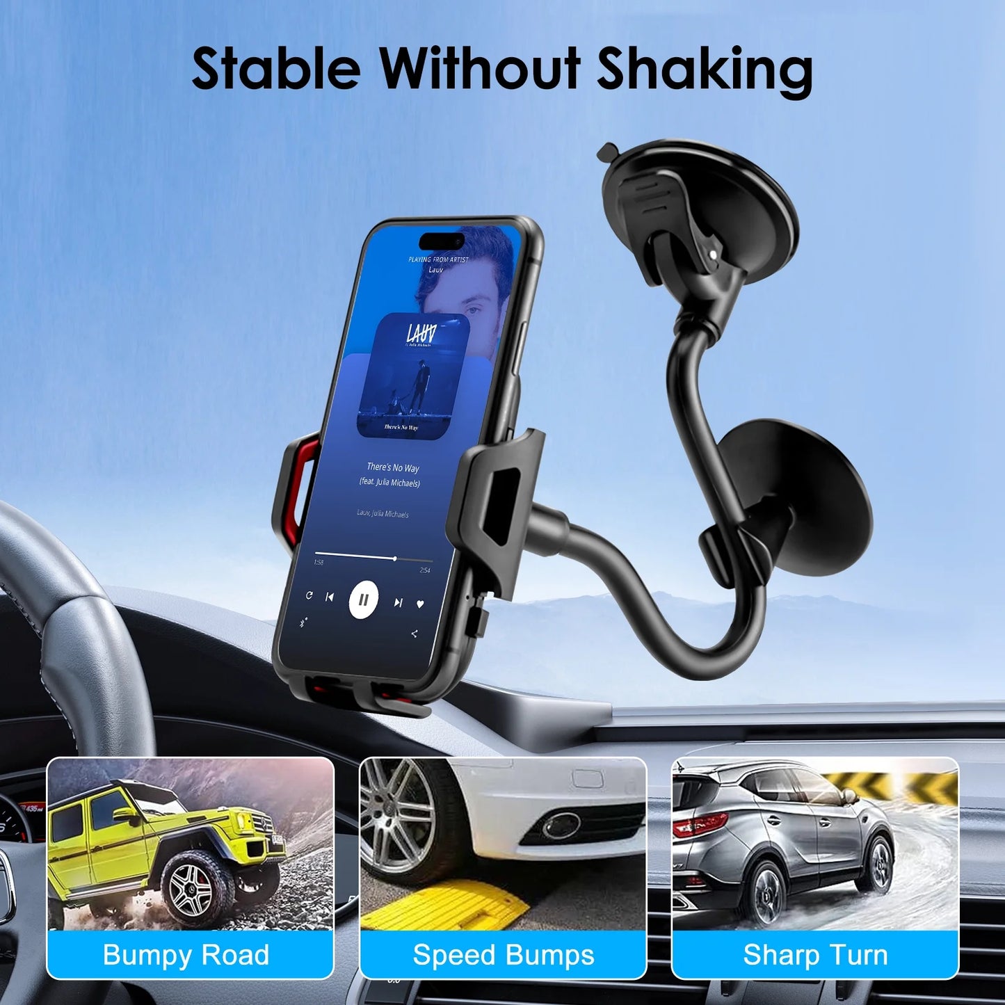 Universal Car Phone Mount Cradle for Windshield Dashboard with Suction Cup, 360° Rotation Long Arm Car Cell Phone Mount Holder for Iphone 13/ 13 Mini/ 13 Pro Max, Android Devices