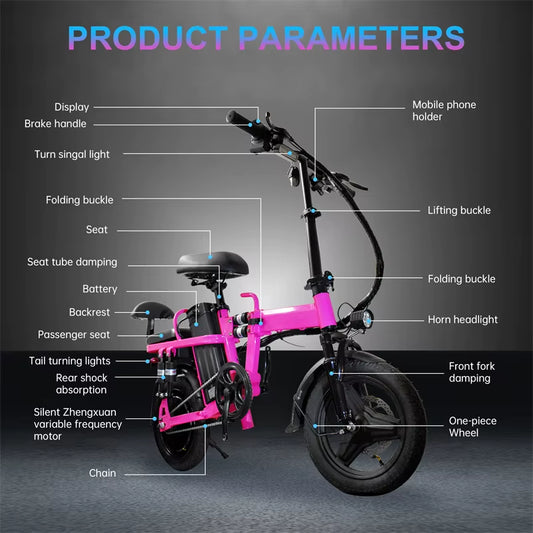 Pink Electric Bike for Adults and Women 20MPH Folding Ebike 48V 20Ah Battery 14" Folding Electric Bicycle for Commuter and Teens