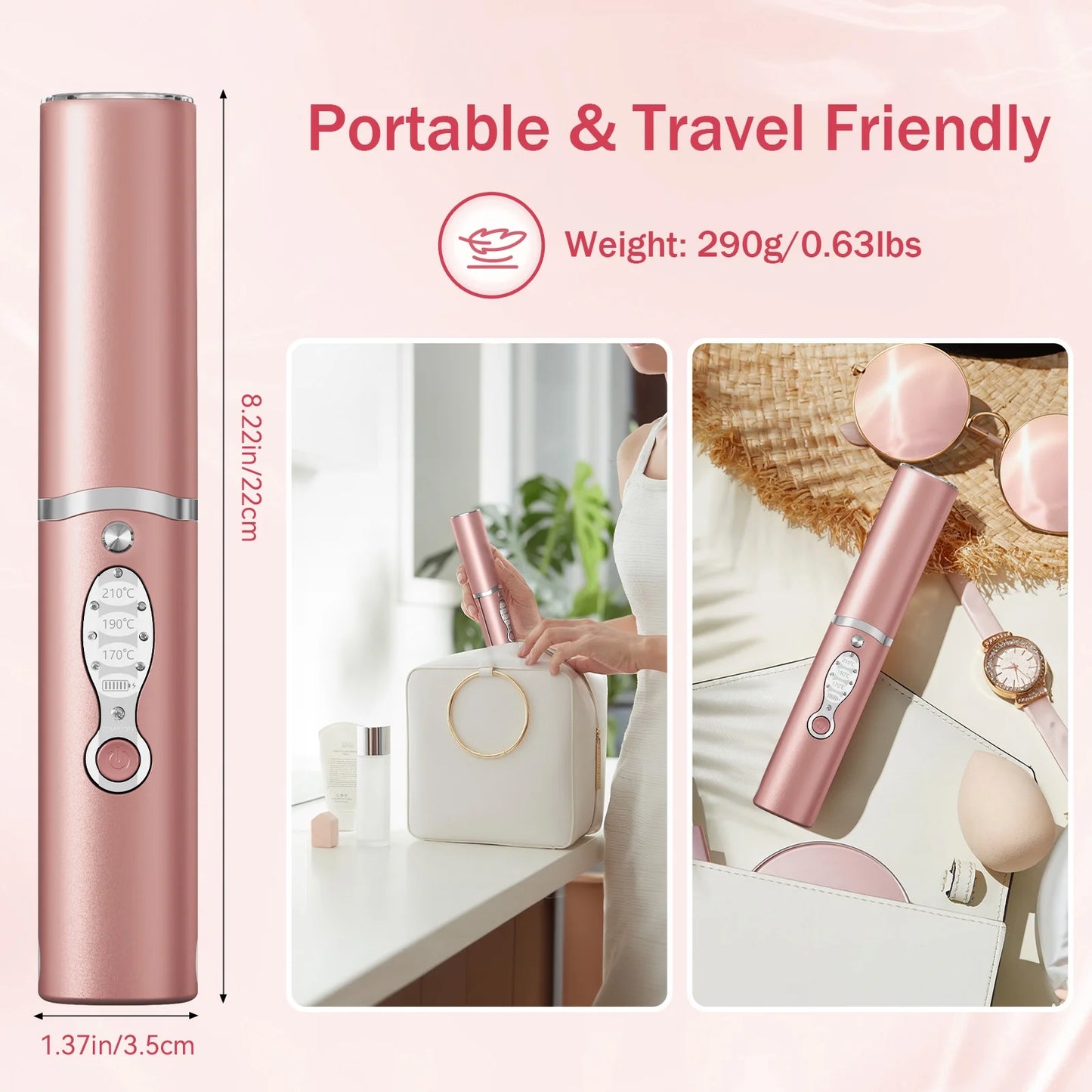 Portable Titanium Flat Iron Hair Straightener, 45 Second Fast Heating, 3 Temperature Adjustable,10 Mins Auto-Off Design Travel-Friendly, Easy to Use,Rose Gold
