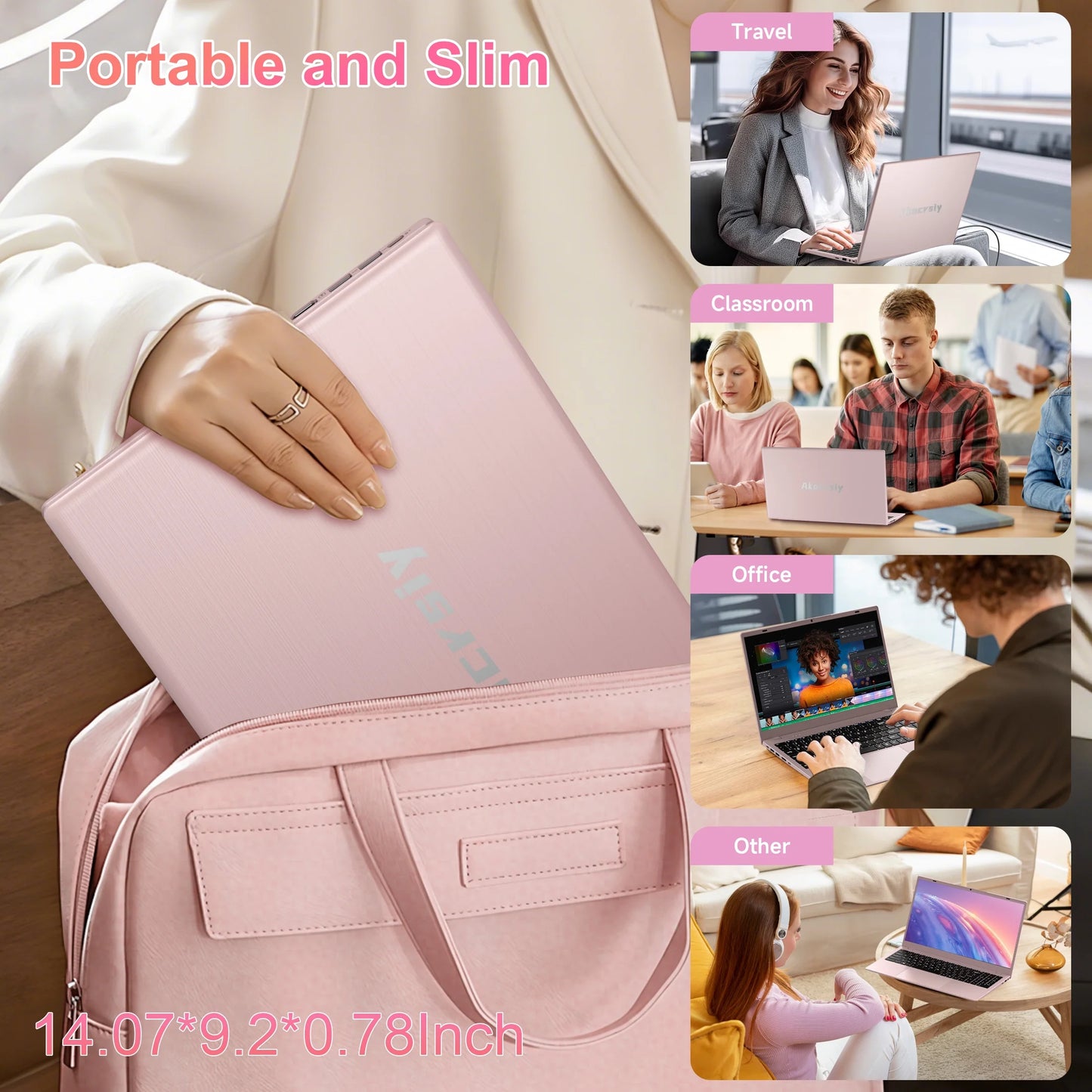 15.6" Laptop Computer, 12GB RAM 512GB SSD, FHD Display with Intel N150 (Up to 3.6Ghz), Windows 11 Pro Laptop, Fingerprint, Backlit KB, Pink