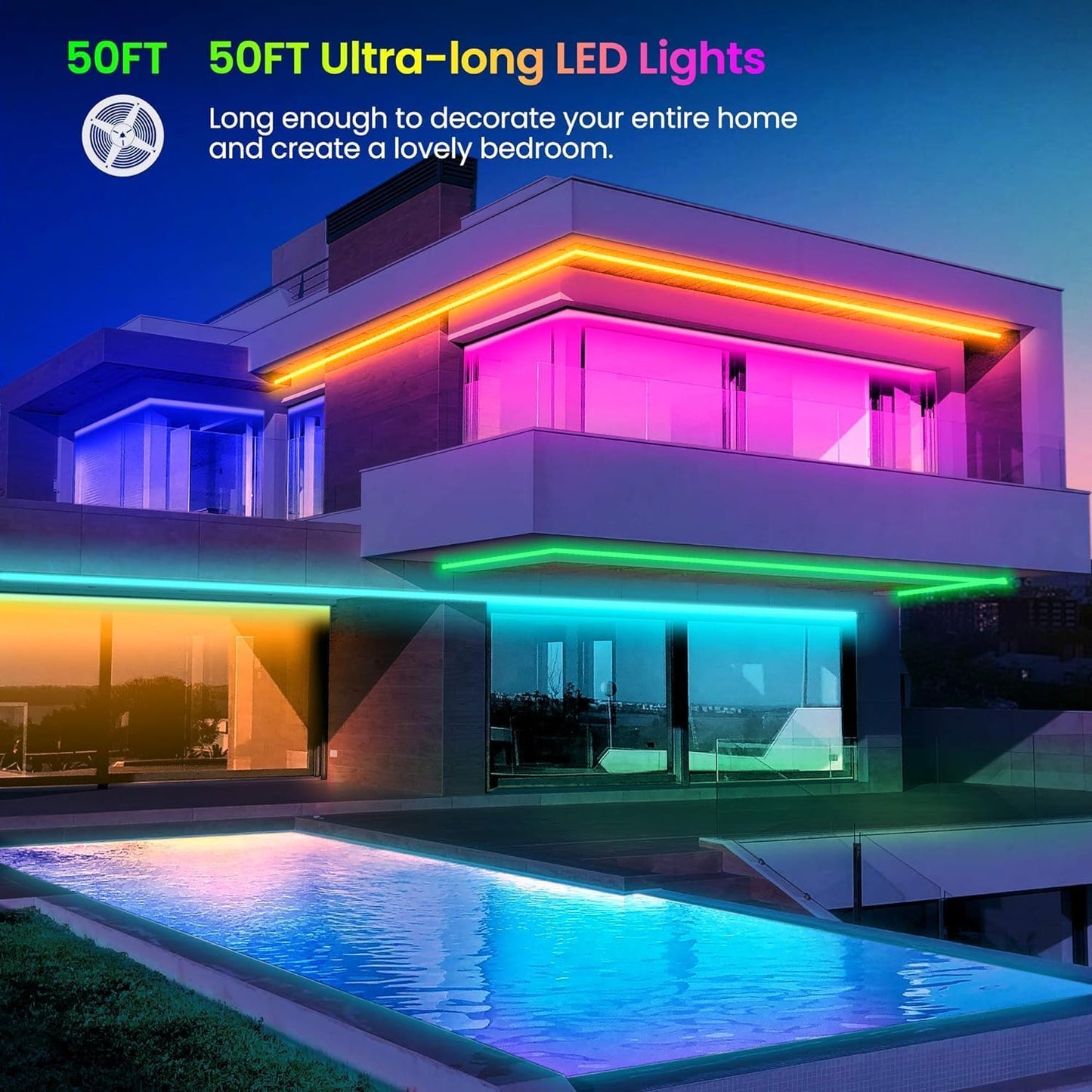 50 FT LED Strip Lights,Bluetooth LED Lighting for Bedroom, Color Changing Light Strip with Music Sync, Phone Controller and IR Remote(App+Remote +Mic)