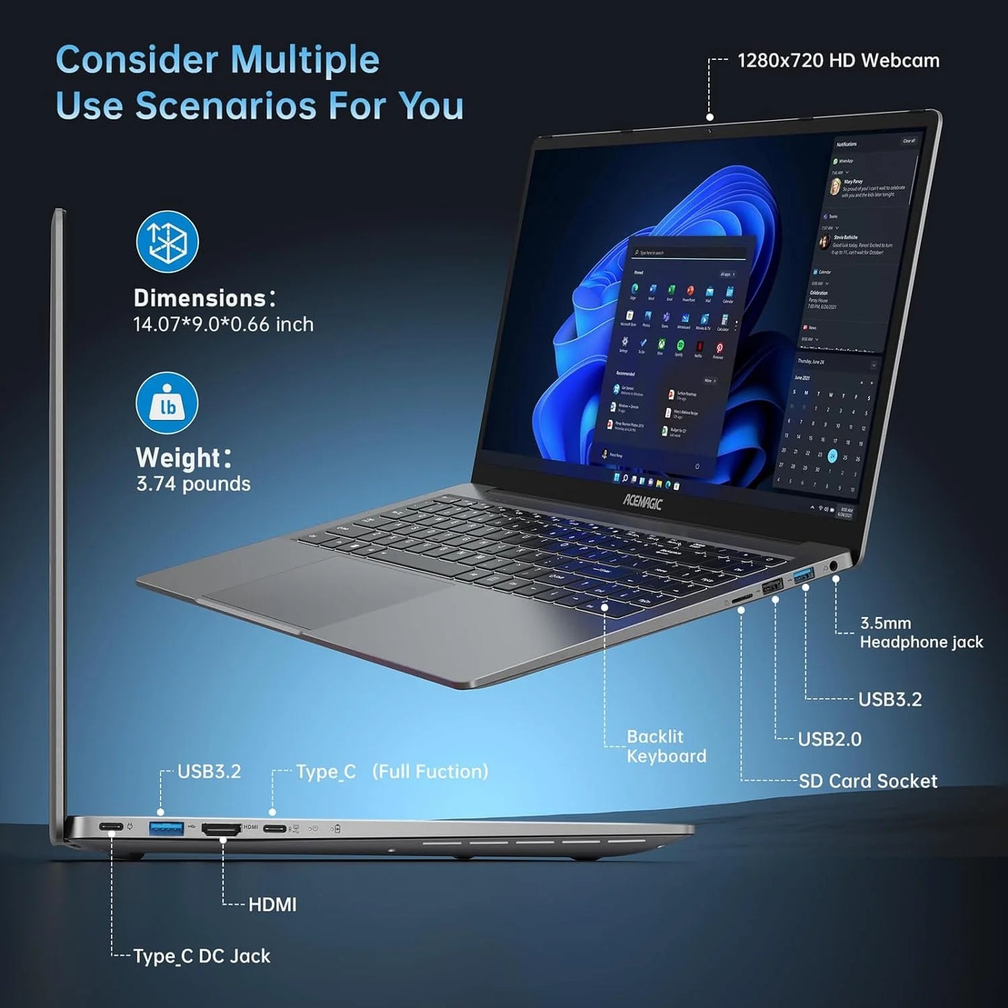 Laptop 16.1 FHD Gaming Laptop, AMD Ryzen 7 5700U, 16GB RAM, 512GB SSD, Windows 11 Pro, Graphite, Wifi 6, Backlit KB, Gray