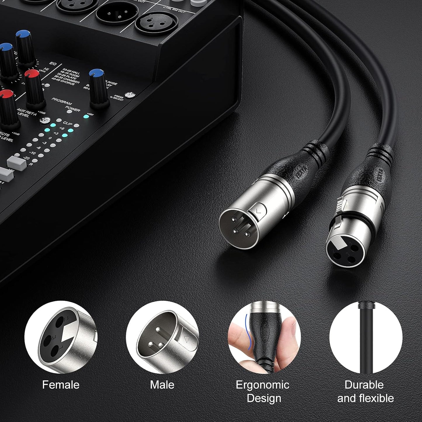 100Ft XLR Microphone Cables 2 Packs - Premium Balanced Mic Speaker Cable with 3 Pins XLR Male to Female 100 Feet, Black