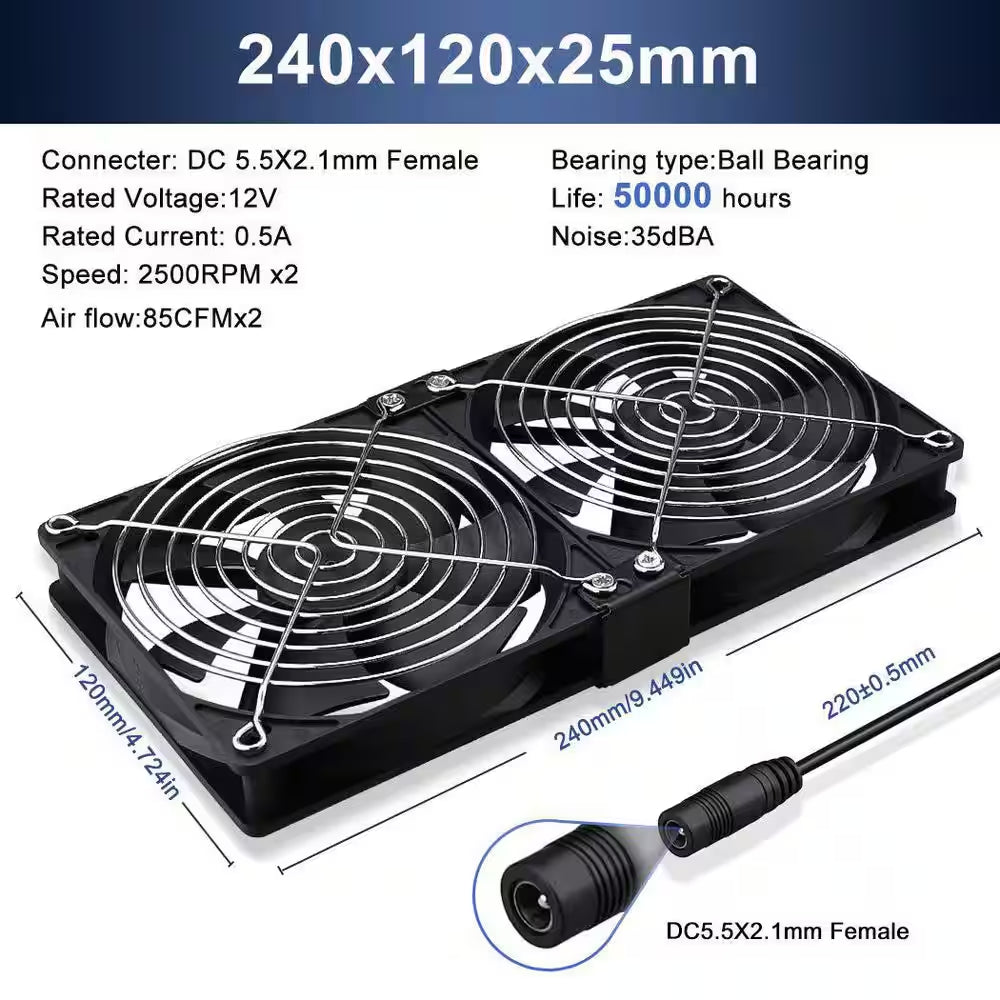 Big Airflow 2 X 120 Mm 240 Mm Computer Fan with AC Plug Cabinet Fan 110-Volt 240-Volt AC Power Supply