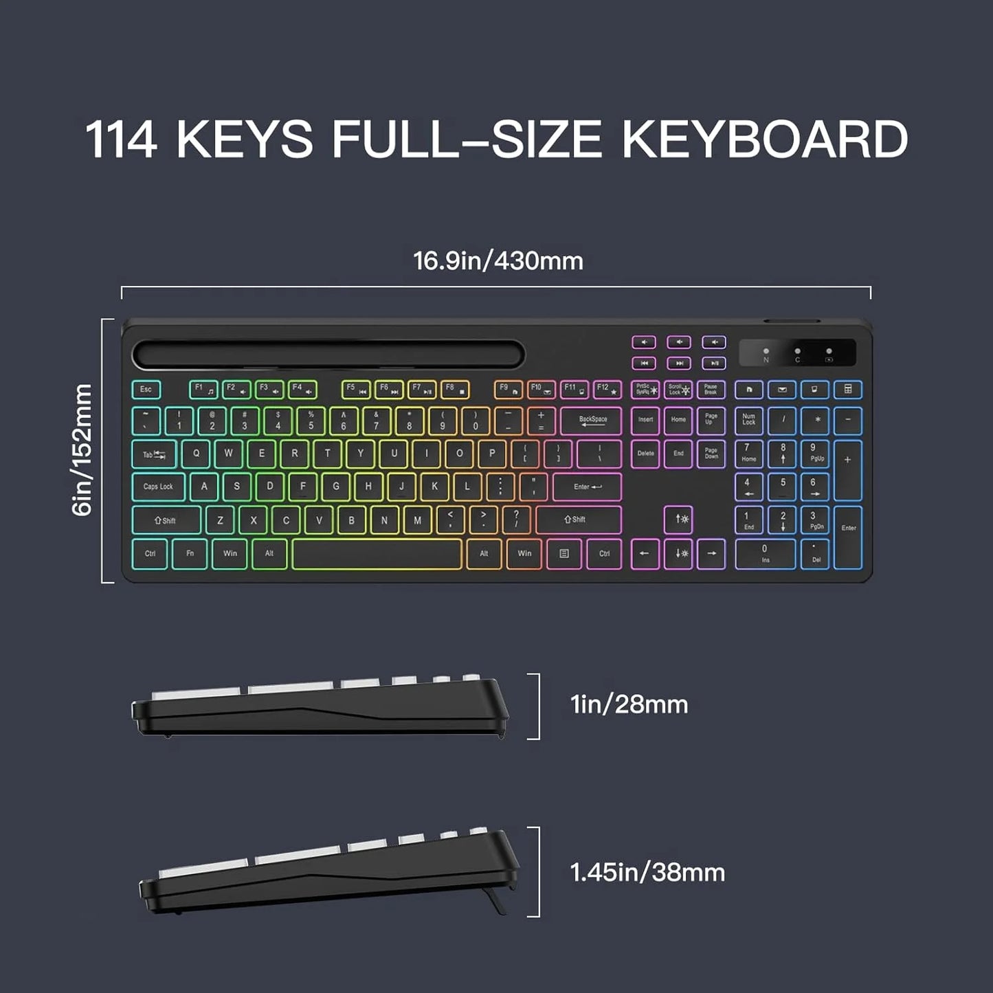 Wireless Keyboard with 7-Color RGB Backlit, Full-Size Computer Keyboard with Phone Tablet Holder, Rechargeable 2.4G Wireless Gaming Keyboard with Light up Keys, Compatible with Mac,Window,Black