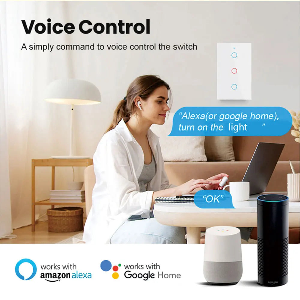 Tuya US Wifi Smart Wall Switch RF433 1/2/3/4 Gang No Neutral Wire Touch Sensor LED Light Switches Smart Home Alexa Google Home