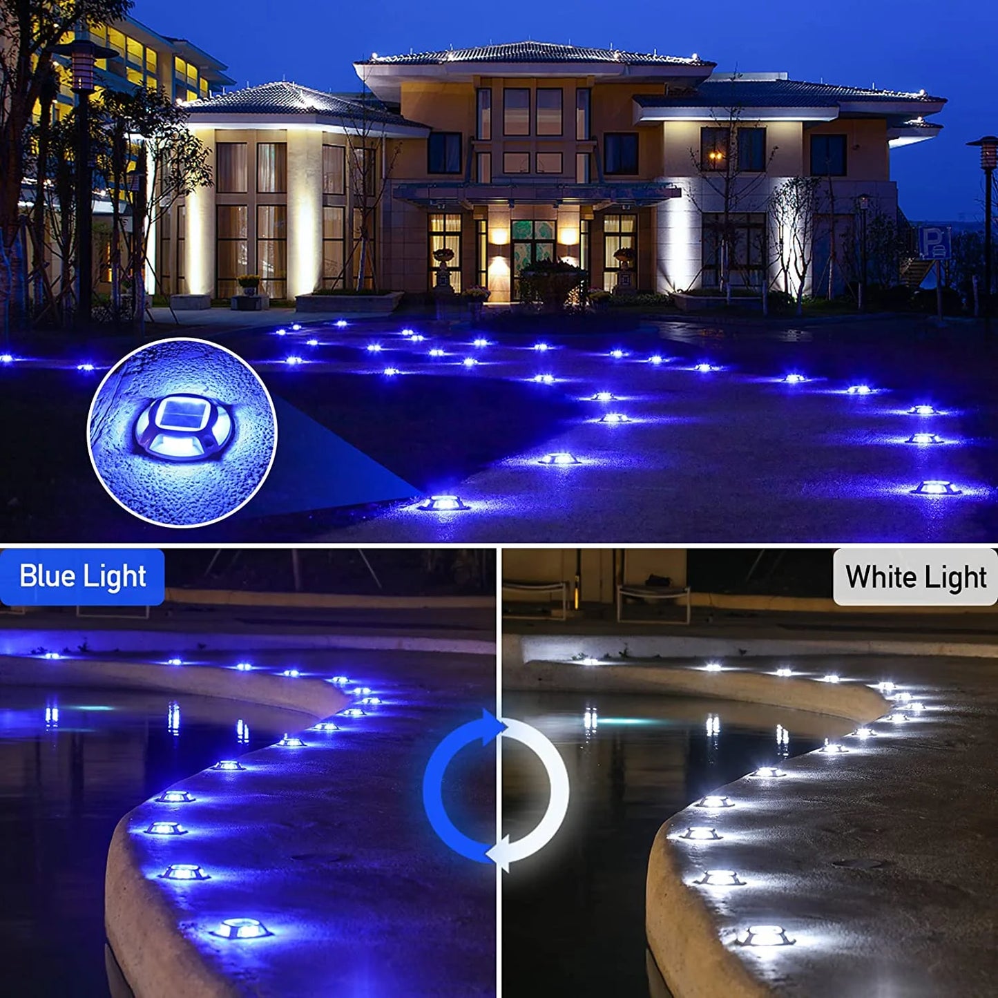 4 Pack Solar Deck Lights Outdoor, Blue+White Solar Powered Driveway Lights, IP68 Waterproof Solar Dock Lights Warning Step Lights, Sidewalk Marker Lights for Path Stair Dock Garage