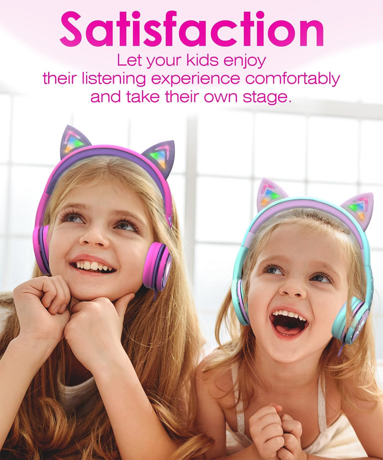 Kids Headphones with LED Cat Ears (85Db Safe Volume Limit), 3.5Mm Soft On-Ear Wired Headphones with Tangle-Free Laced Cables for Ipad/Tablet/School/Travel - Hot Pink/Purple