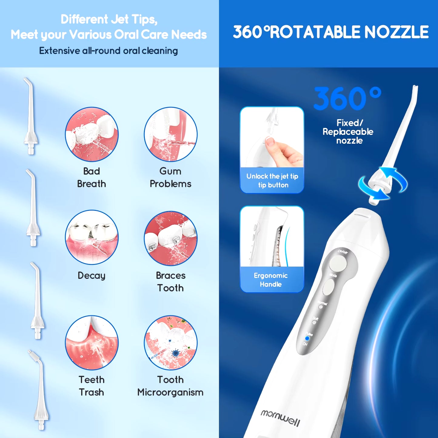 D52 Portable Water Flosser: 3 Modes, 4 Jet Tips, 300ml, USB Rechargeable