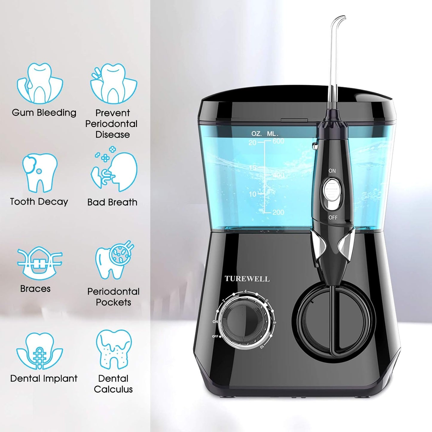 Water Flossing Oral Irrigator, 600ML Dental Teeth Cleaner 10 Adjustable Pressure, Electric Oral Flosser for Braces, 8 Replacement Jet Tips for Family (Black)