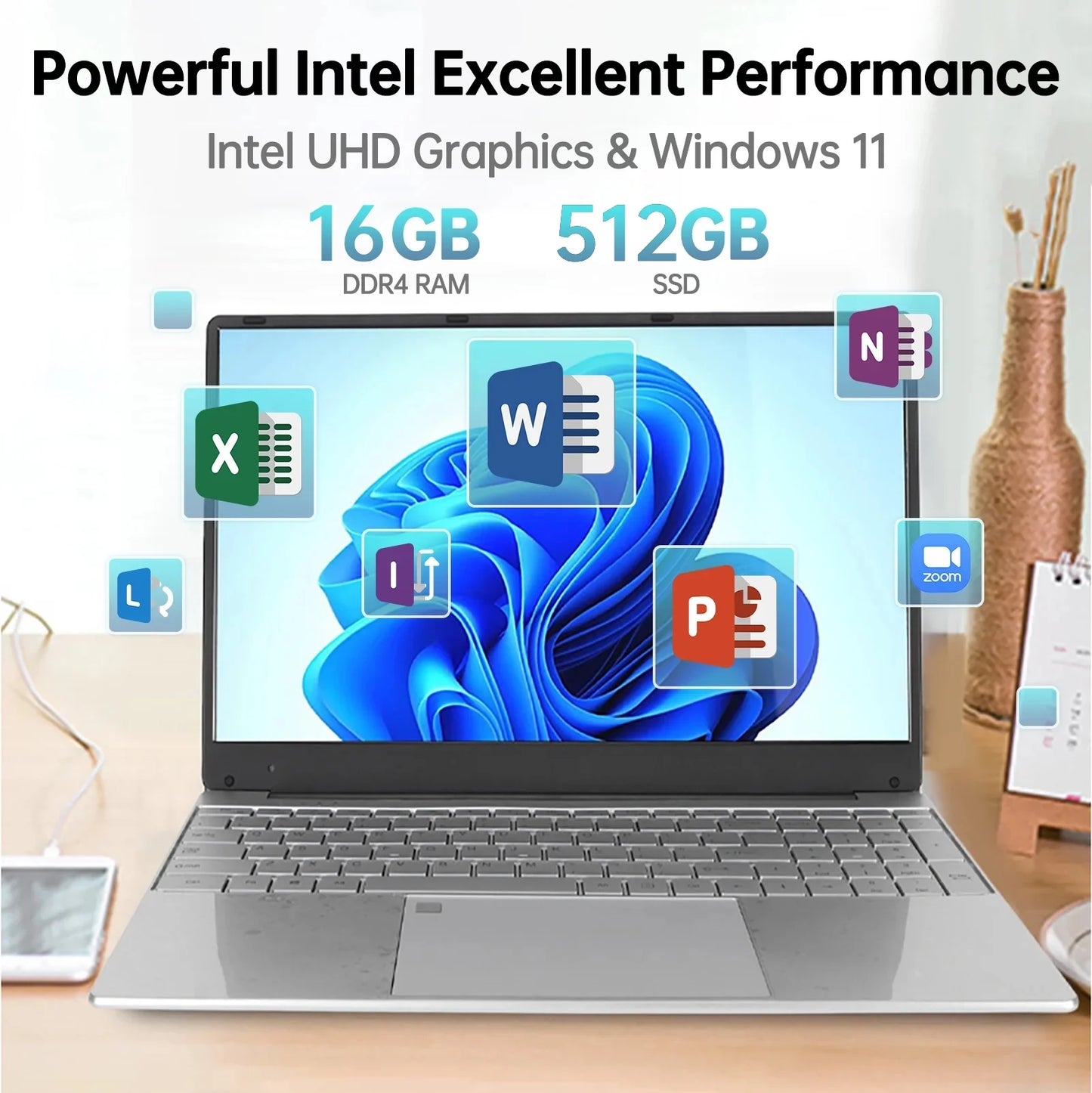 15.6 Inch Laptop 1920*1080 FHD IPS Display, 16GB DDR4 512GB SSD Quad-Core Intel N95 Processors, Wifi, Bluetooth, Fingerprint, Backlit Keyboard, Windows 11 Computer, 15" Lightweight Laptop, Silver