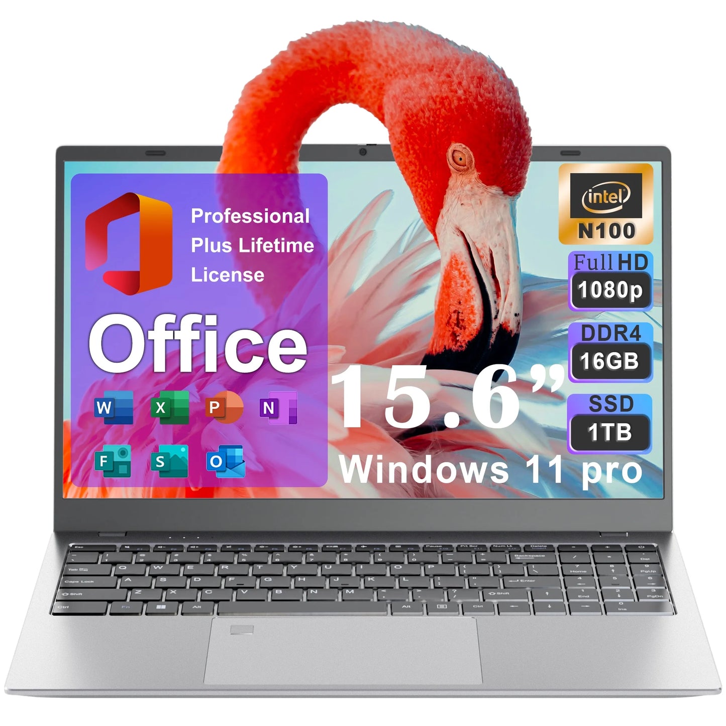 15.6" FHD Business & Student Laptop Computer, Intel Alder Lake N100, 16GB RAM, 1TB SSD, Win 11 Pro with Microsoft Office, Fingerprint, Wifi, Silver