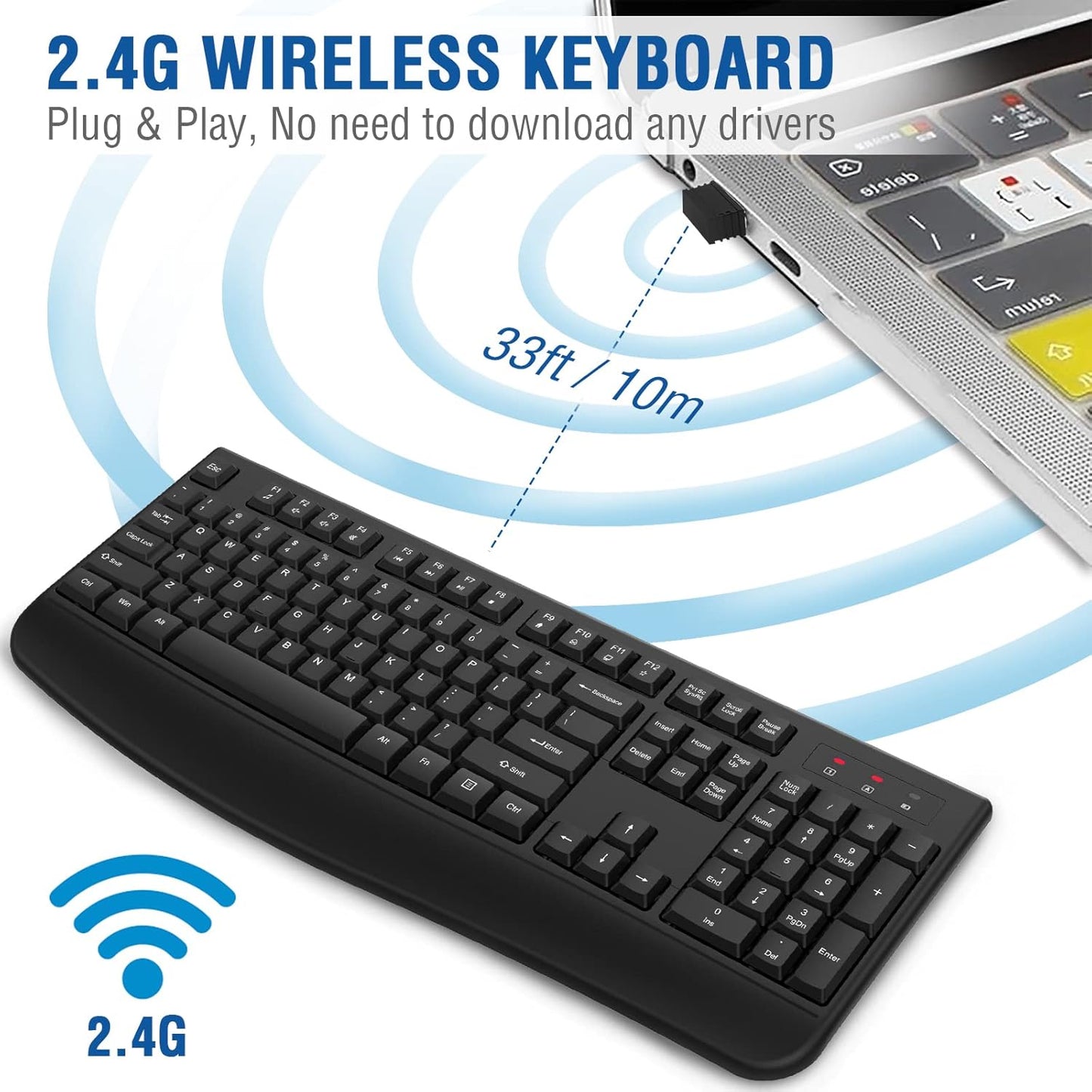 Wireless Keyboard, 2.4G Ergonomic Full Size Wireless Computer Keyboard with Wrist Rest for Windows, Mac OS Desktop/Laptop/Pc(Black)