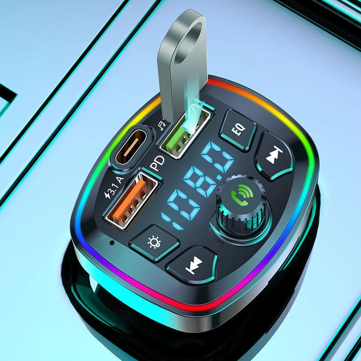 Car MP3 Player Bluetooth 5.0 FM Transmitter W/2 USB Charger and PD QC Interface Wireless FM Modulator W/ Built-In Mic and CVC Technology Car Radio Adapter W/ 7-Colors Backlight for Cars