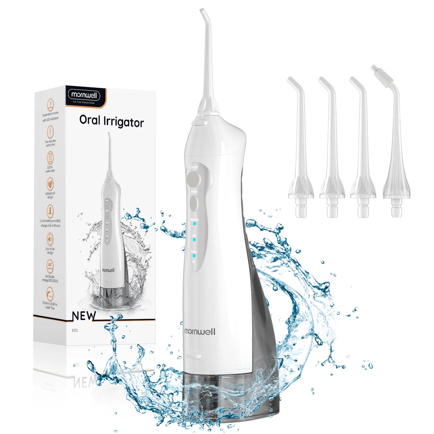 D52 Portable Water Flosser: 3 Modes, 4 Jet Tips, 300ml, USB Rechargeable
