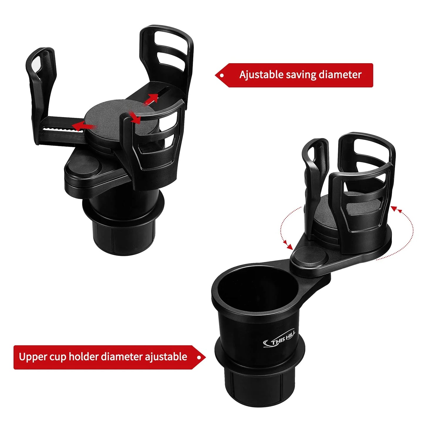 2 in 1 Multifunctional Car Cup Holder Expander with Adjustable Base, Cup Holder Extender for Car for Bottles Cups Drinks Snack