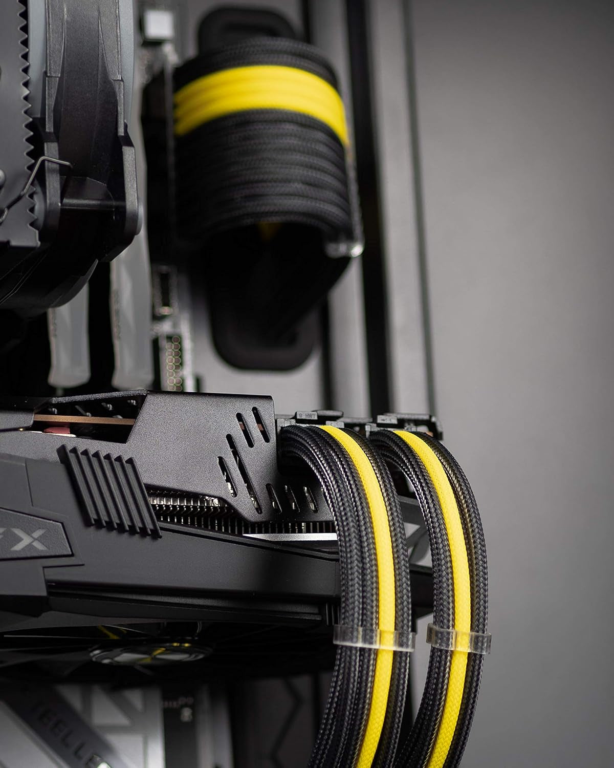 Sleeved PSU Extension Set - Power Supply Extensions - 1X 24 Pin/ 2X 8 Pin/ 2X 6 Pin/ 1X 4+4 Pin - with Combs - 30Cm (Carbon & Yellow)