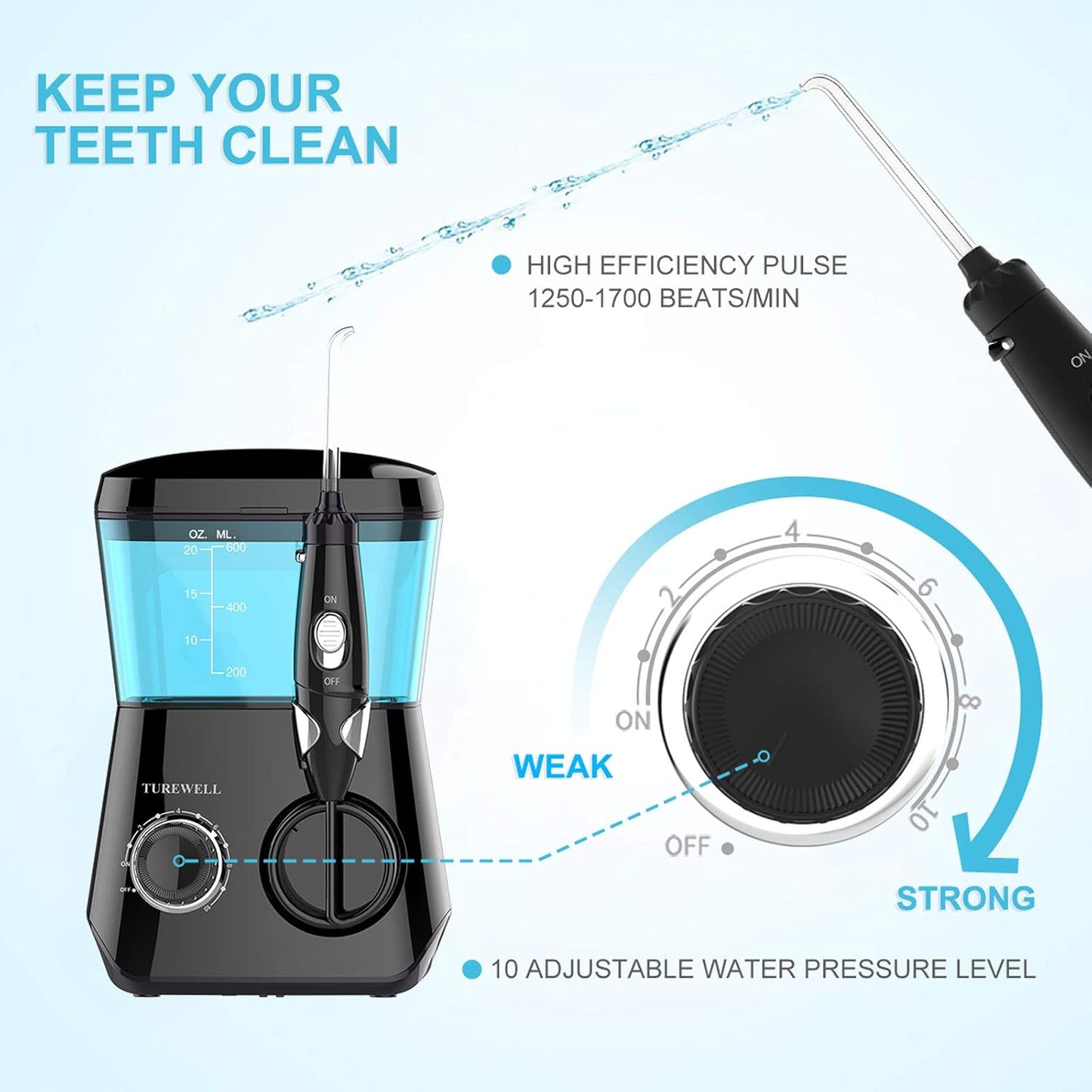 Water Flossing Oral Irrigator, 600ML Dental Teeth Cleaner 10 Adjustable Pressure, Electric Oral Flosser for Braces, 8 Replacement Jet Tips for Family (Black)